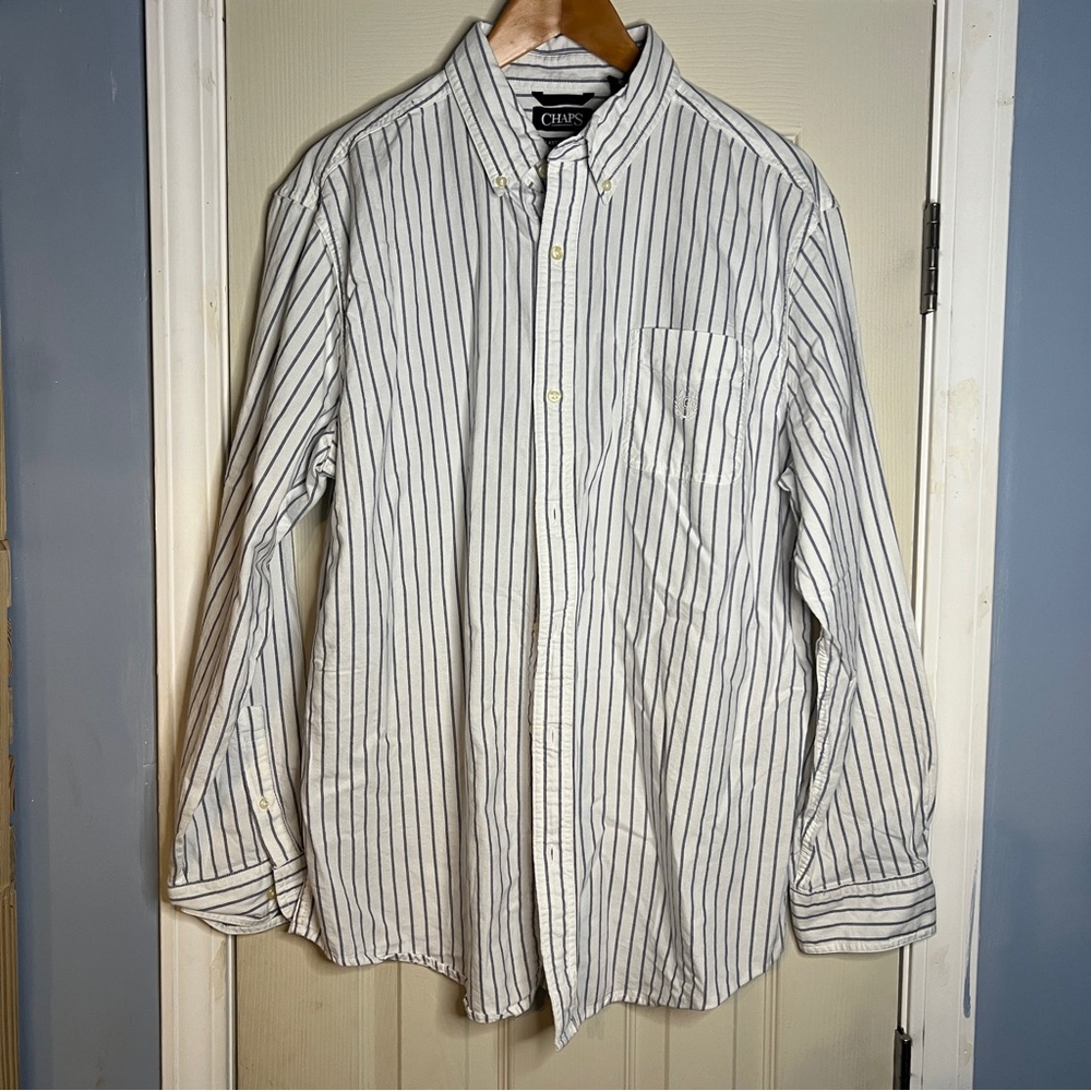 MENS CHAPS White Blue Striped Classic Oxford Shirt Size XL 100% Cotton Preppy